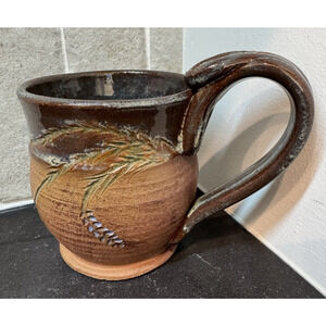 HAND THROWN POTTERY Etched Brown Green Lavender Stoneware Mug Signed 10 oz